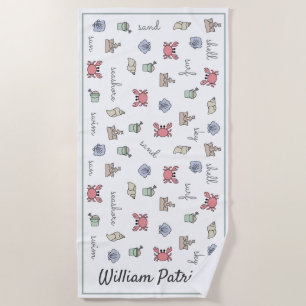 Personalised Beach Sandcastle Crab Shell Pail Kid  Beach Towel