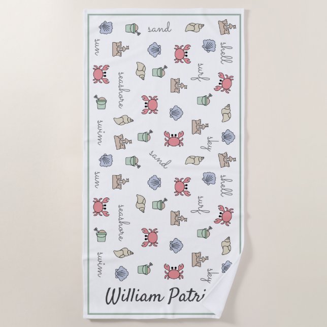 Personalised Beach Sandcastle Crab Shell Pail Kid  Beach Towel (Front)