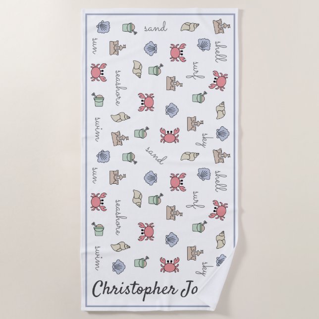 Personalised Beach Sandcastle Crab Shell Pail Kid  Beach Towel (Front)