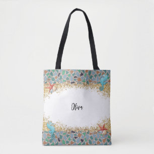 Personalised Beach Sea Life Glass Themed Border Tote Bag