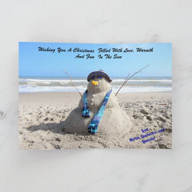 Personalised Beach Snowman Sand Sculpture Holiday Card (Inside)