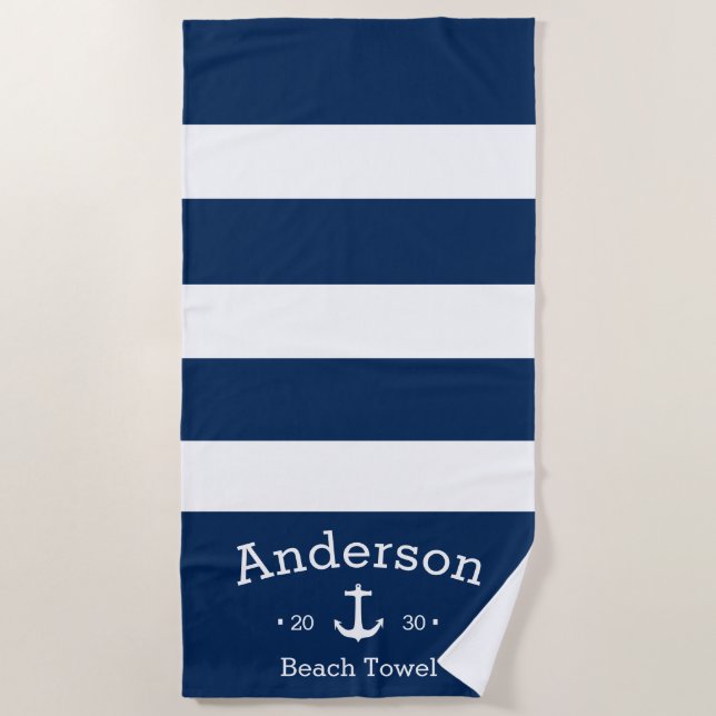 Personalised Beach Towel - Blue & White Nautical (Front)