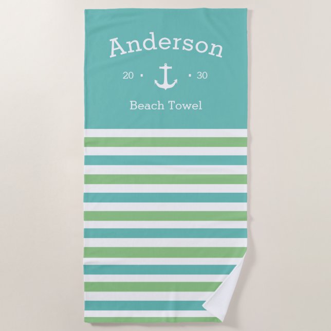 Personalised Beach Towel - Striped Nautical G/B (Front)