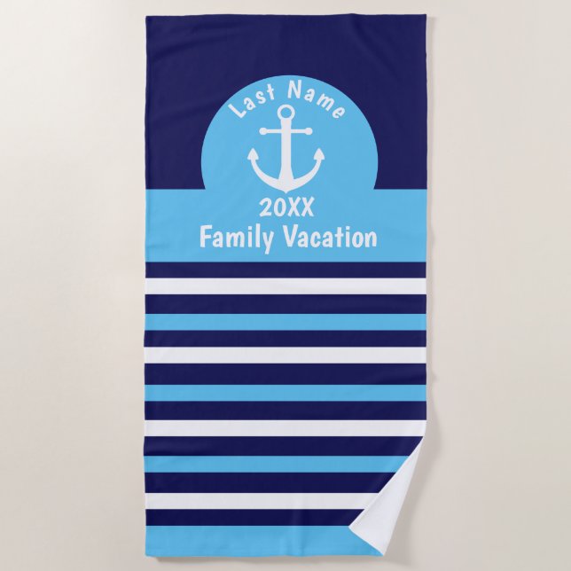 Personalised Beach Towels - Blue Nautical Anchor (Front)