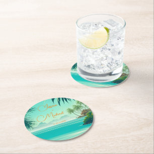 Personalised Beach Wedding Favour Keepsake Round Paper Coaster