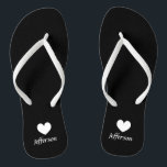 Personalised beach wedding flip flops for guests<br><div class="desc">Personalised beach wedding flip flops for guests. Elegant party favour set with custom last name or monogram and little heart love symbol. Custom background and strap colour for him and her / men and women. Romantic black and white his and hers sandals with stylish script calligraphy typography. Fun for nautical...</div>