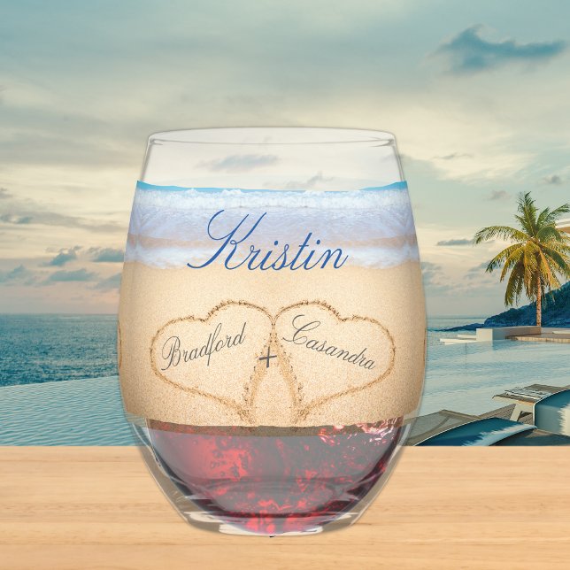 Personalised Beach Wedding Hearts in Sand Favour Stemless Wine Glass (Creator Uploaded)