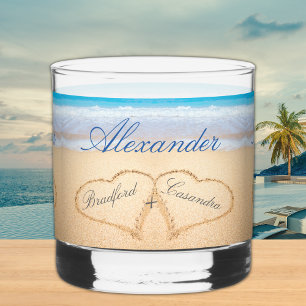 Personalised Beach Wedding Hearts in Sand Favour Whiskey Glass