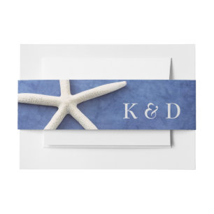 Personalised Beach Wedding White Star Fish on Blue Invitation Belly Band