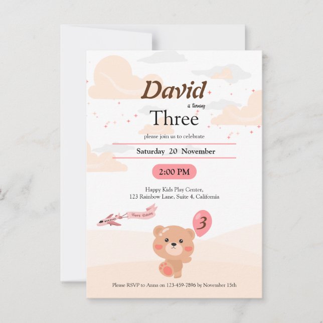 Personalised Bear Birthday Invitation for Kids (Front)