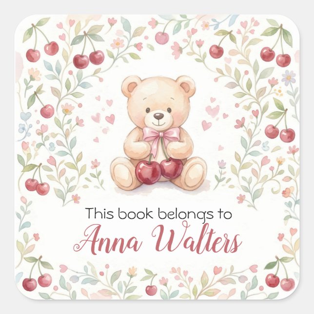 Personalised Bear Cub Cherry Frame Book Label (Front)