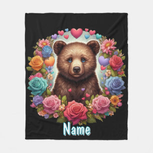Personalised Bear Cub with Roses and Hearts Fleece Blanket