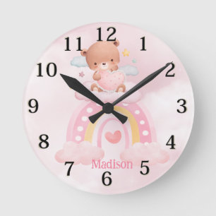Personalised Bear Girls Rainbow Round Clock