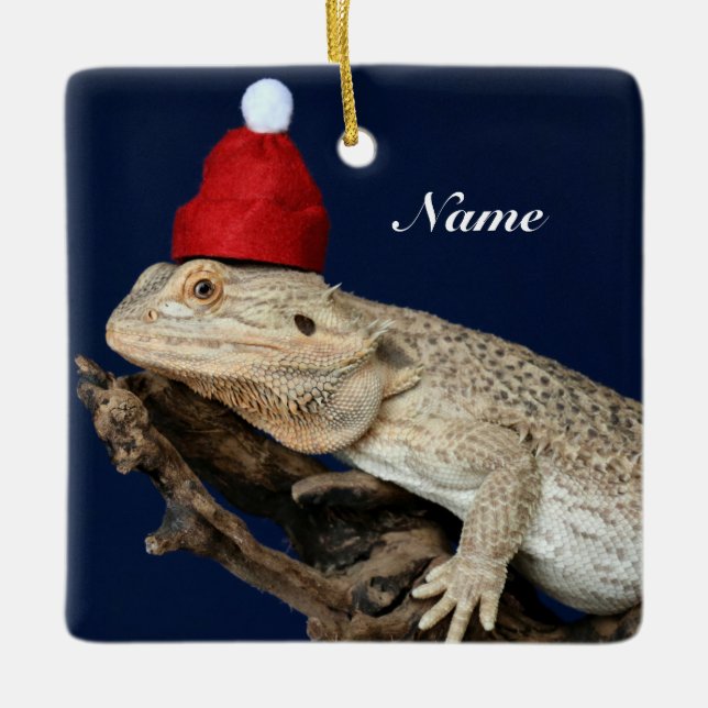 Personalised Bearded Dragon Lizard - Santa Hat Ceramic Ornament (Front)