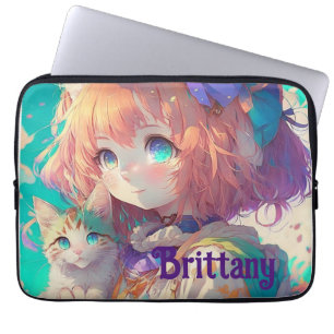 Personalised Beautiful Anime Girl with Cute Kitten Laptop Sleeve
