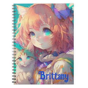 Personalised Beautiful Anime Girl with Cute Kitten Notebook