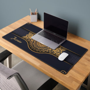 Personalised Beautiful Black Gold Floral Mandala Desk Mat
