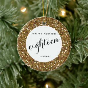 Personalised Beautiful Gold Glitter Eighteen Ceramic Tree Decoration