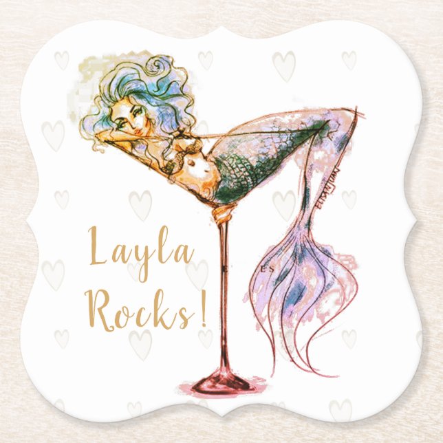 Personalised Beautiful Mermaid Martini Paper Coaster (Front)