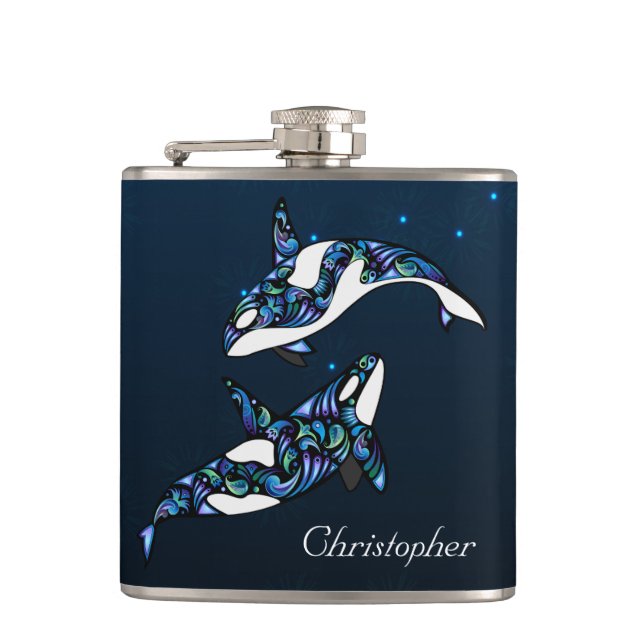 Personalised Beautiful Orca Whales Beach Wedding Hip Flask (Front)