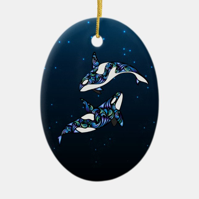 Personalised Beautiful Orca Whales Wedding Ceramic Tree Decoration (Front)