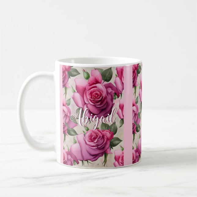 Personalised Beautiful Pink Roses Floral Flowers Coffee Mug (Left)