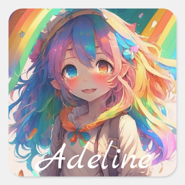 Personalised Beautiful Rainbow Anime Girl Square Sticker (Front)