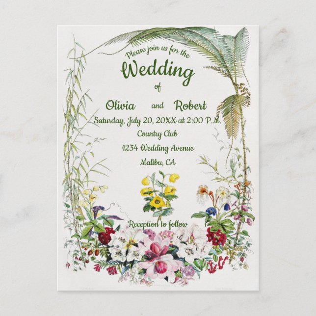Personalised beautiful tropical floral wedding postcard (Front)