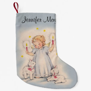Personalised Beautiful Vintage Angel with Lambs Small Christmas Stocking