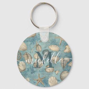 Personalised Beautiful Vintage Seashells In Blue Key Ring
