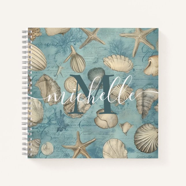 Personalised Beautiful Vintage Seashells In Blue Notebook (Front)