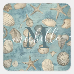 Personalised Beautiful Vintage Seashells In Blue Square Sticker