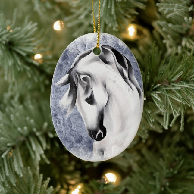 Personalised Beautiful White Grey Horse Christmas Ceramic Tree Decoration (Tree)
