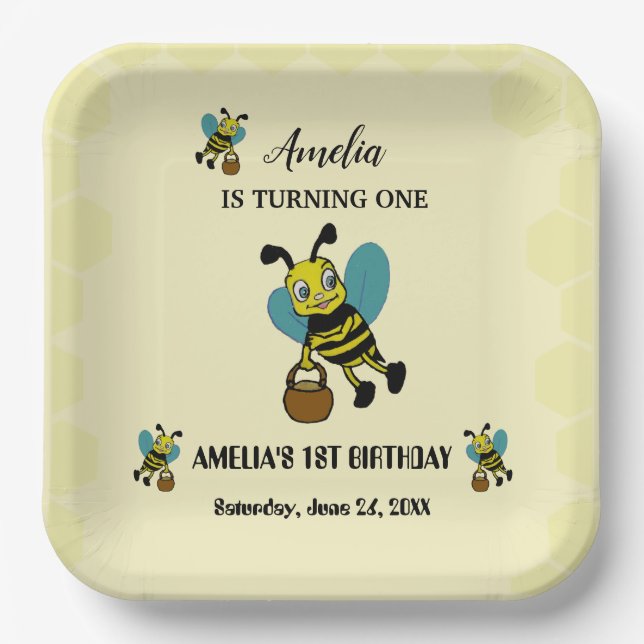 Personalised Bee theme 1st Birthday party Paper Plate (Front)