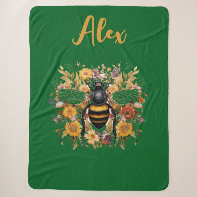 Personalised Bee & Wildflowers -  Sherpa Blanket (Front)