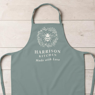Personalised Bee Wreath Sage Green Family Kitchen Apron