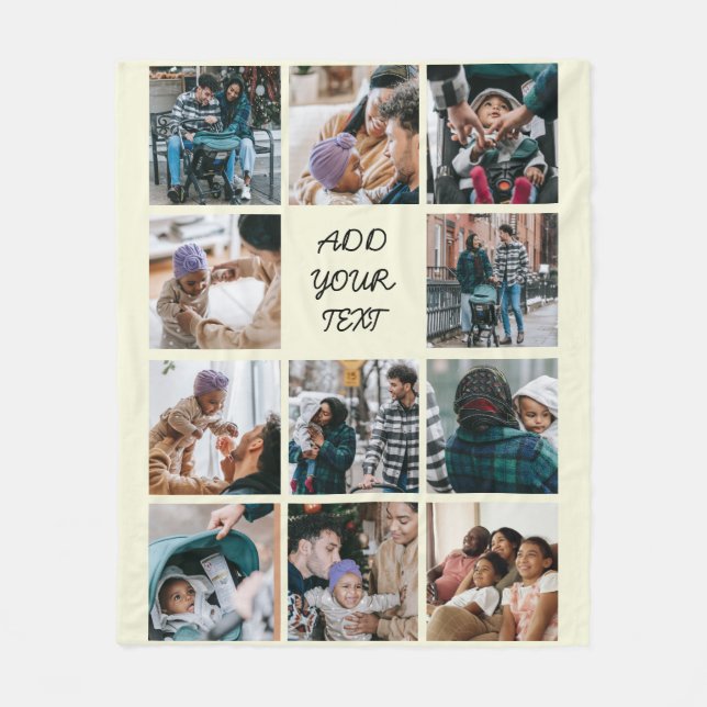 Personalised Beige 11 Photo Collage Fleece Blanket (Front)