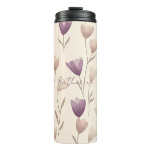 Personalised Beige and Purple Floral Pattern Thermal Tumbler