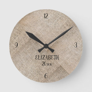Personalised Beige Faux Linen Round Clock