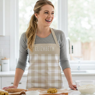 Personalised Beige Gingham Check Pattern Apron