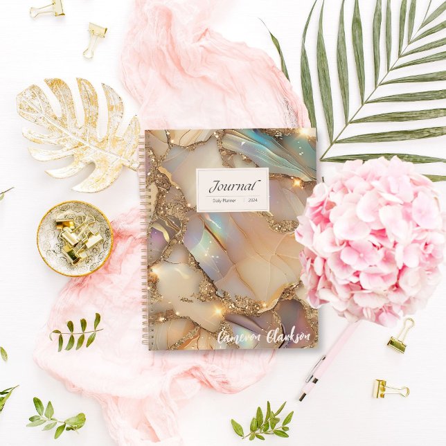 Personalised Beige Holographic Alcohol Ink Daily Planner (Your year, your style! Personalize our Beige & Gold Planner with your name and more.)