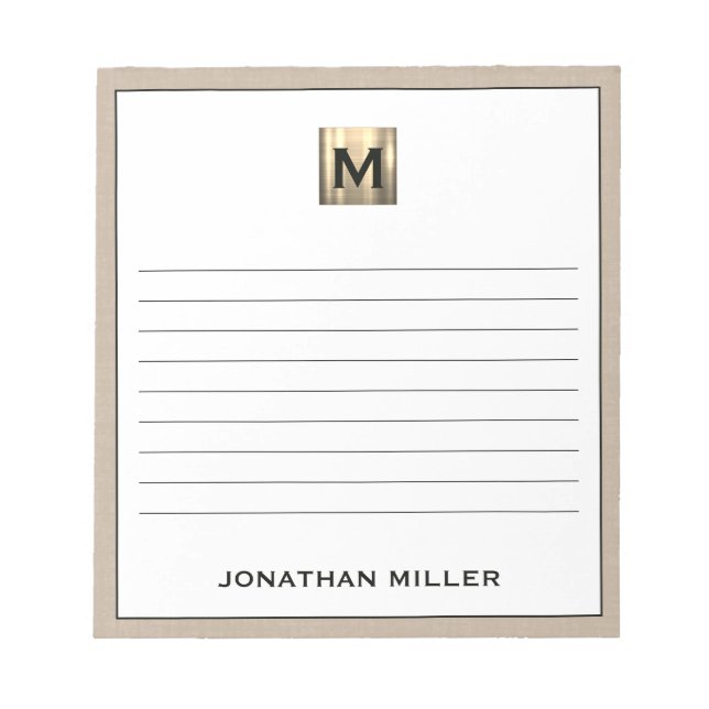 Personalised Beige Linen Gold Monogram Notepad (Front)