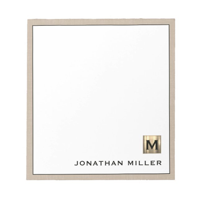 Personalised Beige Linen Gold Monogram Notepad (Front)