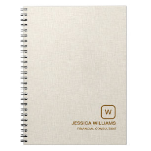 Personalised beige linen simple brown typography notebook