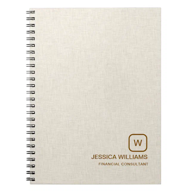Personalised beige linen simple brown typography notebook | Zazzle