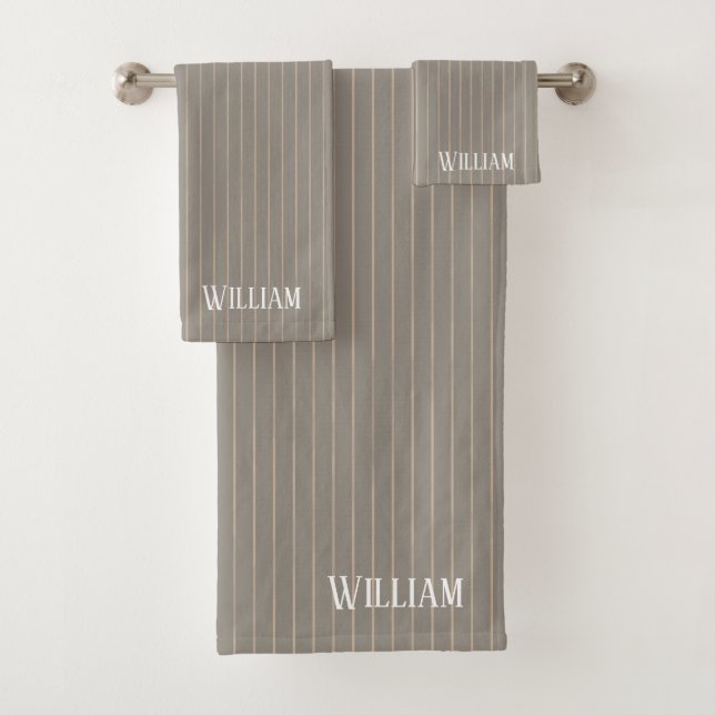 Personalised beige pinstripes bath towel set (Insitu)