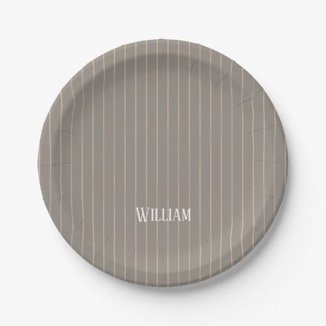 Personalised beige pinstripes paper plate (Front)