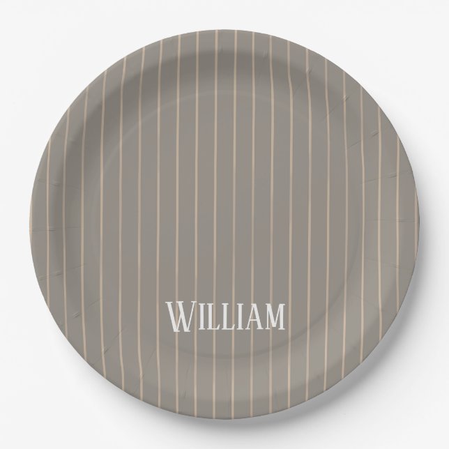 Personalised beige pinstripes paper plate (Front)