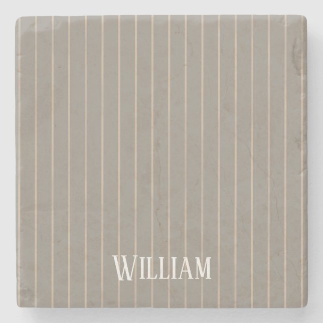 Personalised beige pinstripes stone coaster (Front)