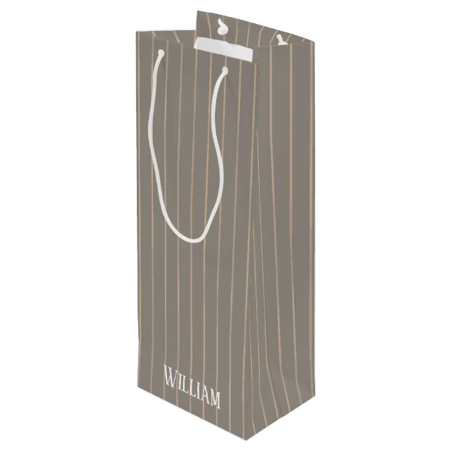 Personalised beige pinstripes wine gift bag (Back Angled)